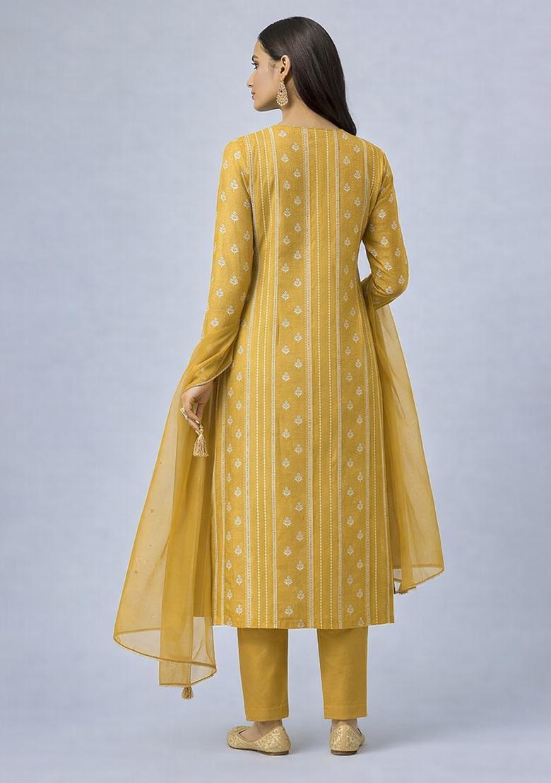 Yellow Chikankari Chanderi Straight Kurta Set - Indya
