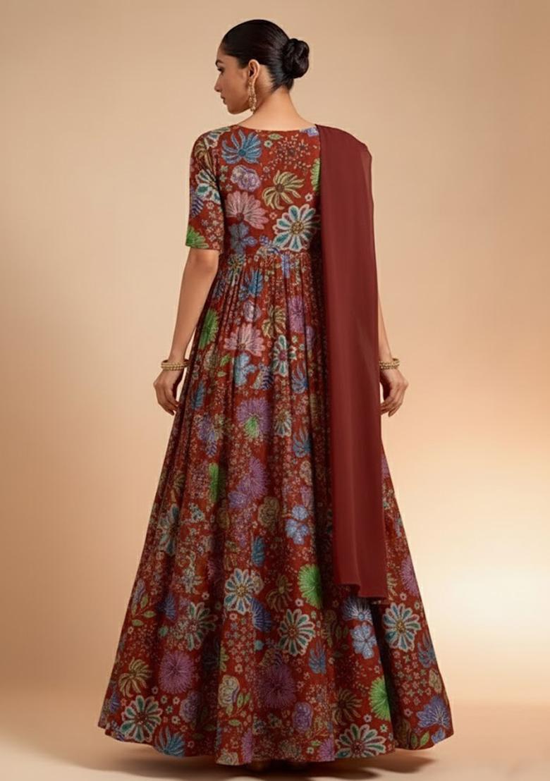Brown Floral Print Chinon Anarkali With Dupatta - Indya