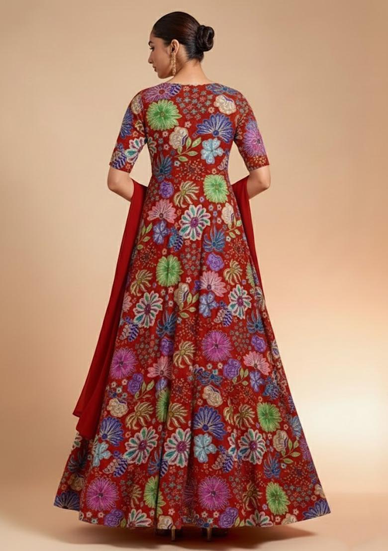 Red Floral Print Chinon Anarkali With Dupatta - Indya