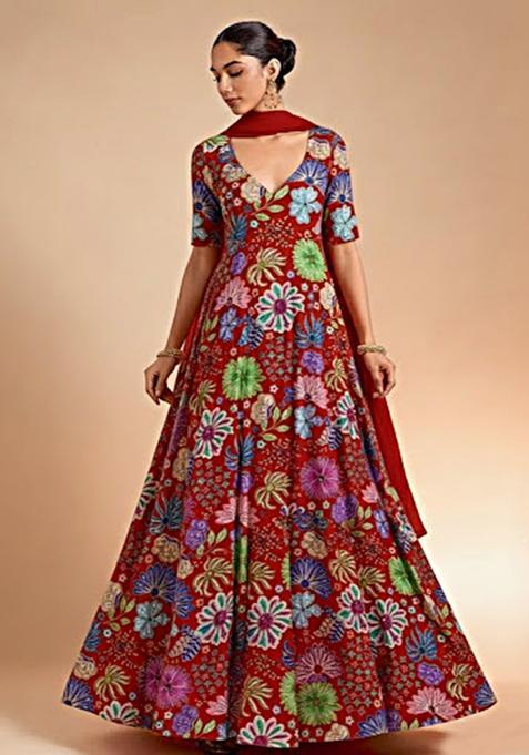 Red Floral Print Chinon Anarkali With Dupatta