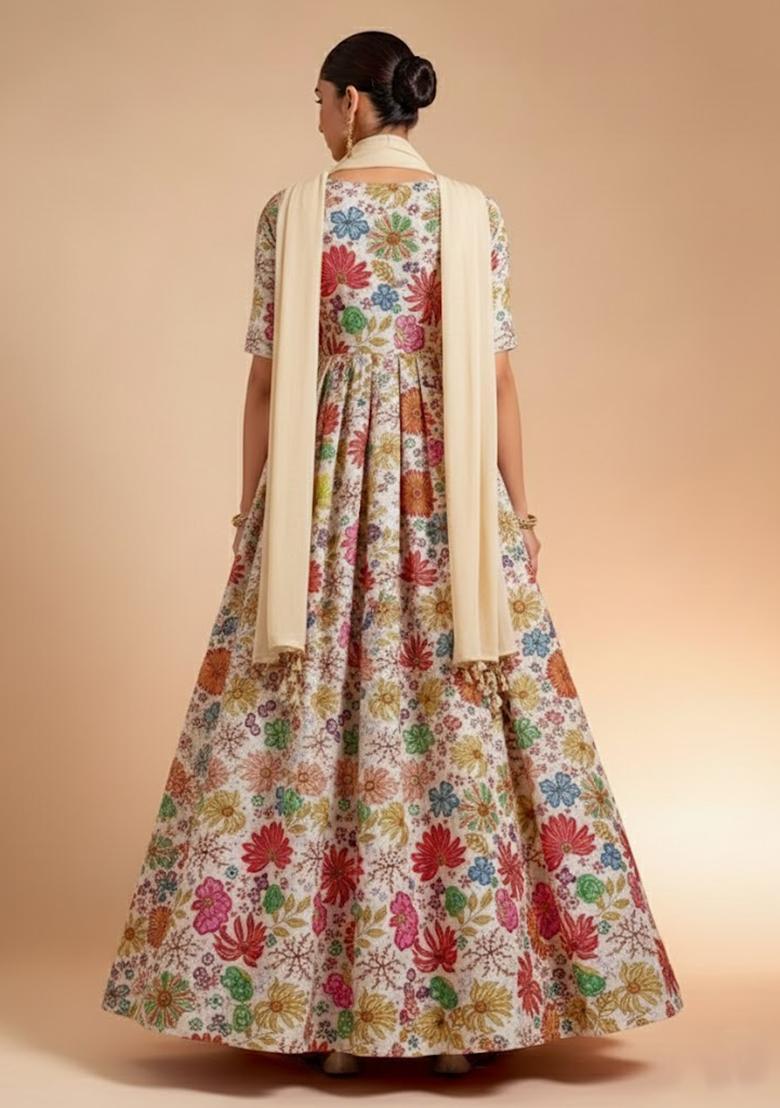 White Floral Print Chinon Anarkali With Dupatta - Indya