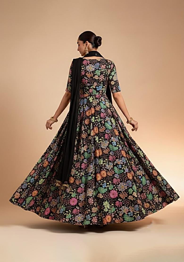 Black Floral Print Chinon Anarkali With Dupatta - Indya