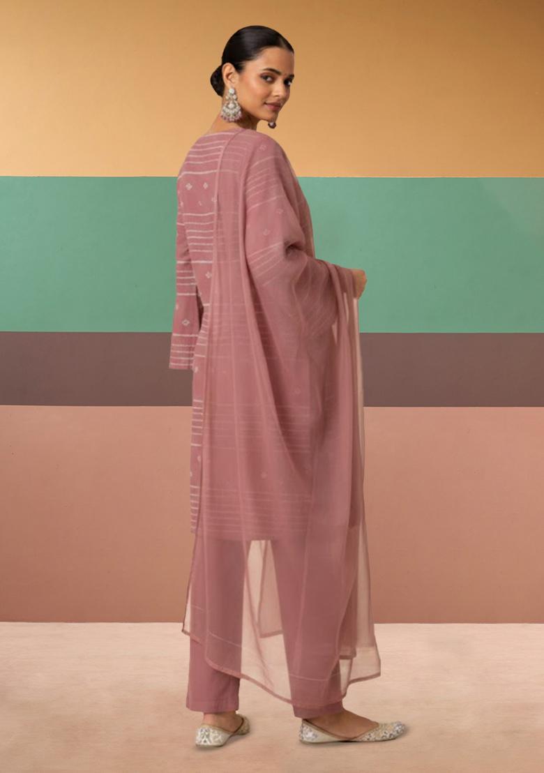 Mauve Pink Striped Chanderi Straight Kurta Set - Indya