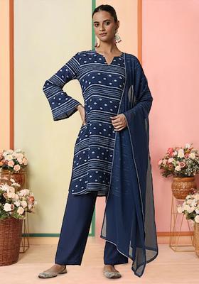 Deep Blue Printed Chanderi Straight Kurta Set