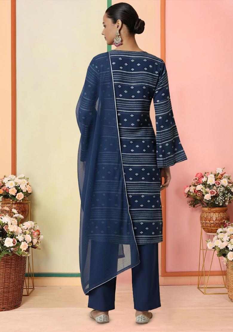 Deep Blue Printed Chanderi Straight Kurta Set - Indya