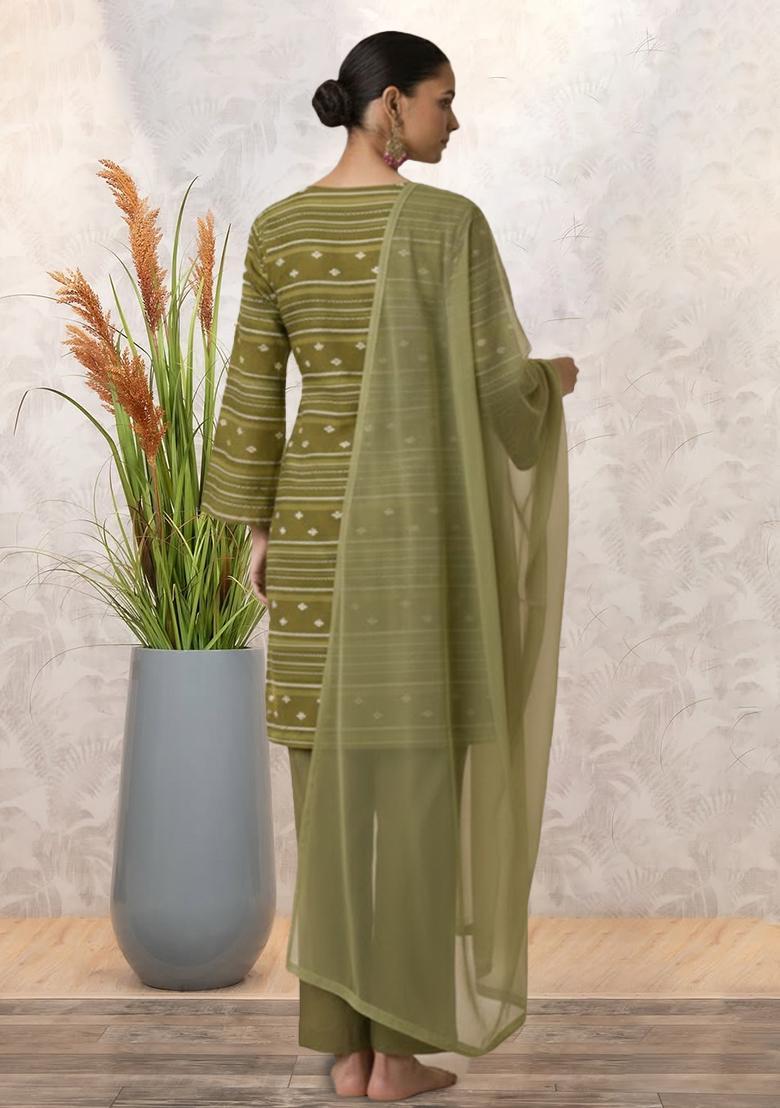 Olive Green Embroidered Chanderi Straight Kurta Set - Indya
