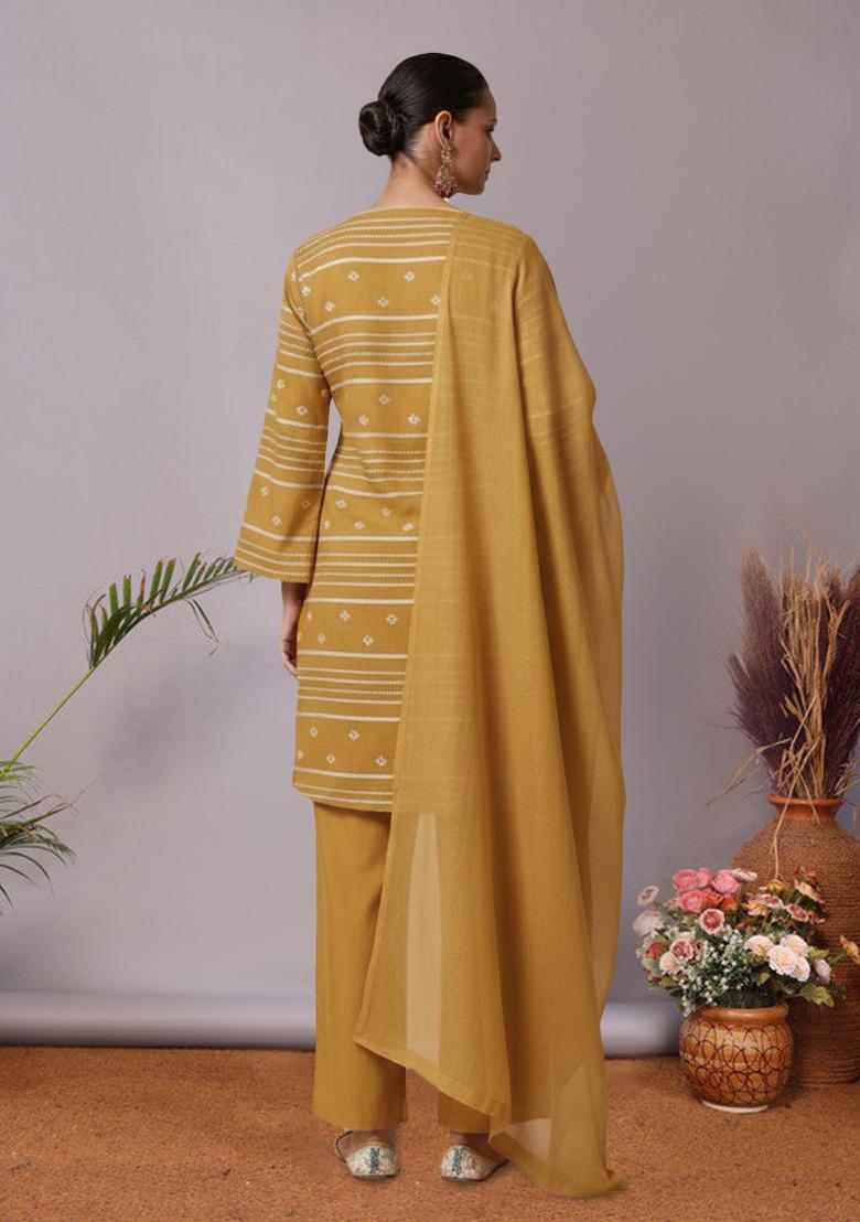 Mustard Striped Chanderi Straight Kurta Set - Indya