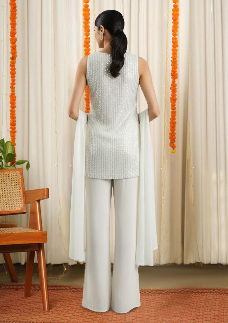 White Sequin Work Silk Blended Pakistani Suit Set - Indya