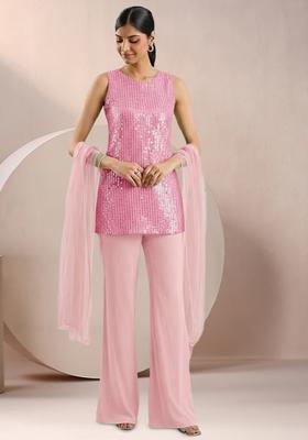 Pink Sequin Work Silk Blended Co Ord Set