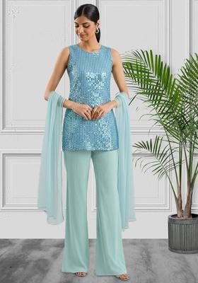 Blue Sequin Work Silk Blended Co Ord Set