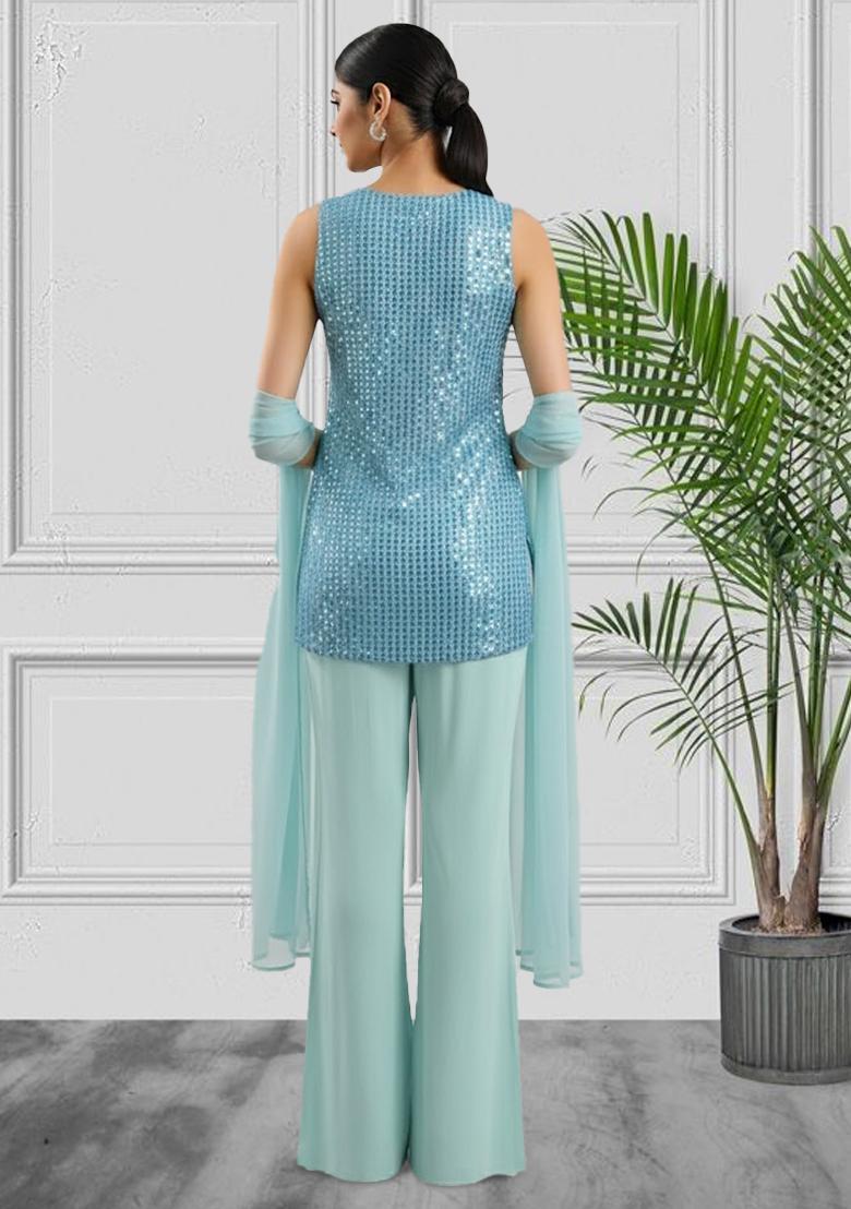 Blue Sequin Work Silk Blended Co Ord Set - Indya
