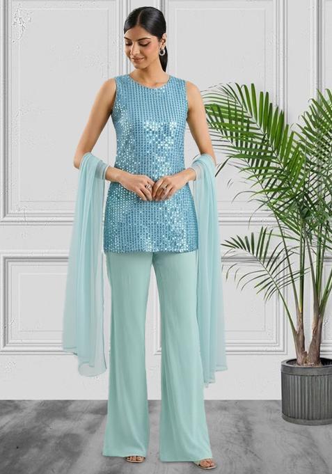 Blue Sequin Work Silk Blended Co Ord Set