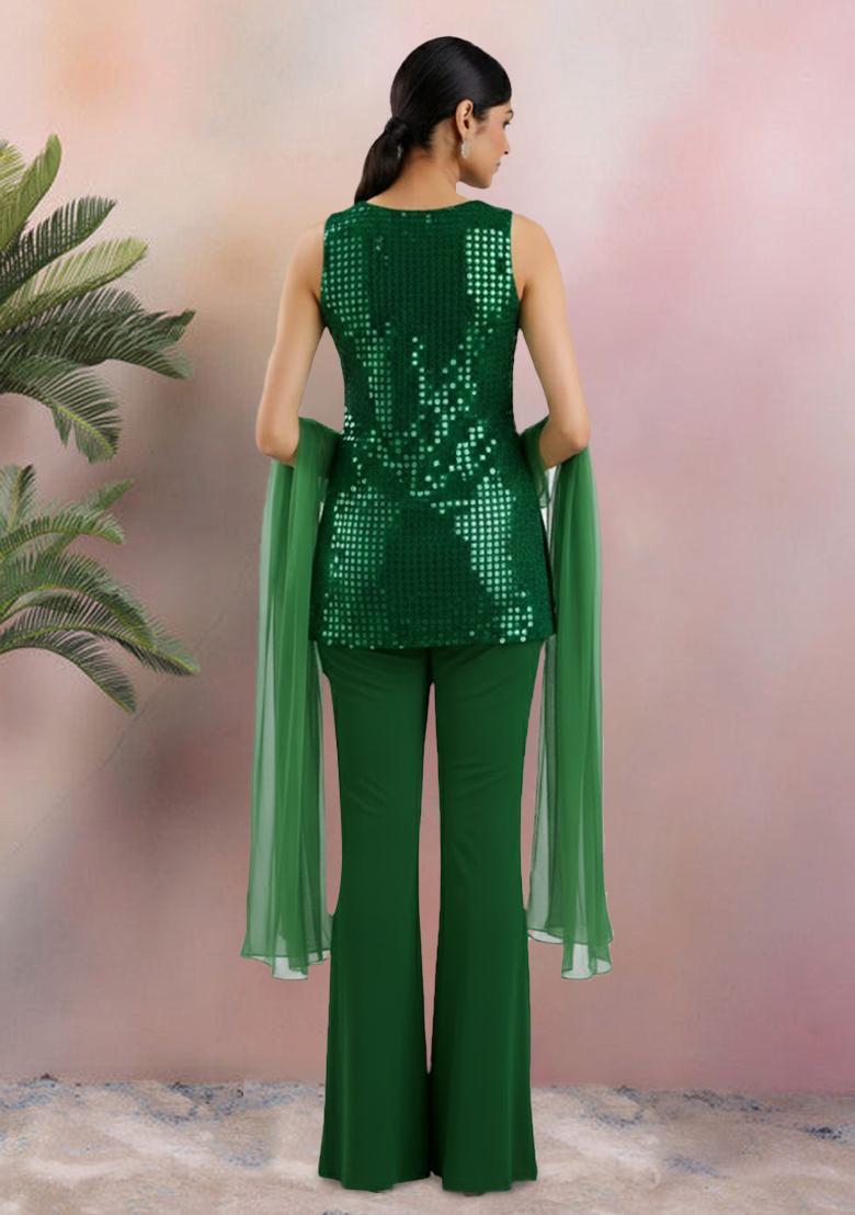 Green Sequin Work Silk Blended Co Ord Set - Indya