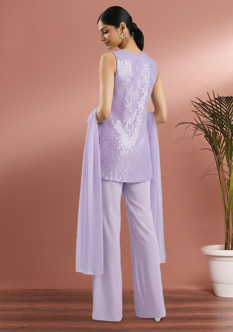 Lavender Sequin Work Silk Blended Co Ord Set - Indya