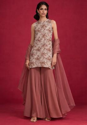 Mocha Beige Embroidered Crepe Sharara Set
