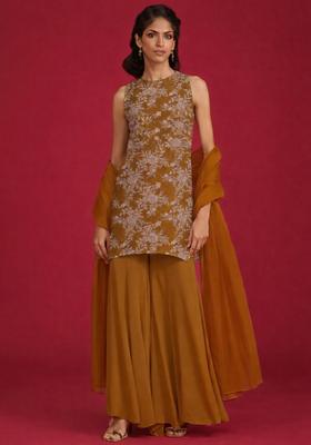 Brown Embroidered Crepe Sharara Set