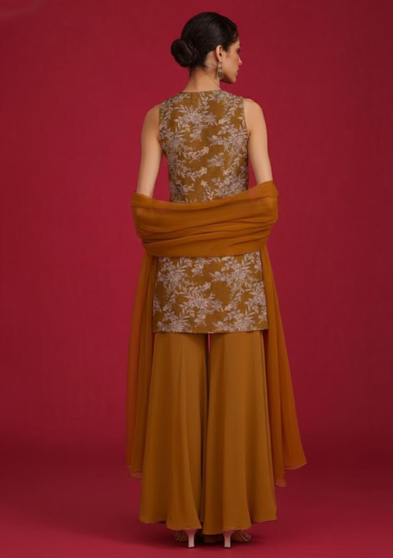 Brown Embroidered Crepe Sharara Set - Indya