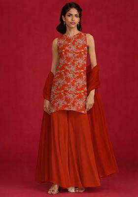 Red Embroidered Crepe Sharara Set