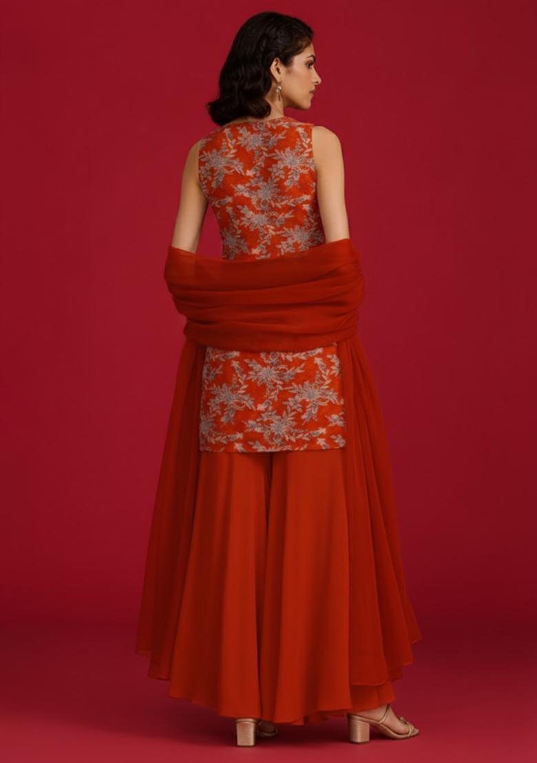 Red Embroidered Crepe Sharara Set - Indya