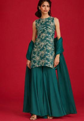 Bottle Green Embroidered Crepe Sharara Set