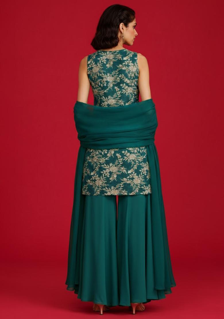 Bottle Green Embroidered Crepe Sharara Set - Indya