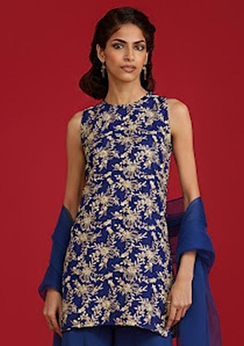 Royal Blue Embroidered Crepe Sharara Set - Indya
