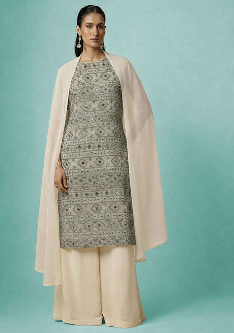 Off White Sequin Net Sharara Set - Indya