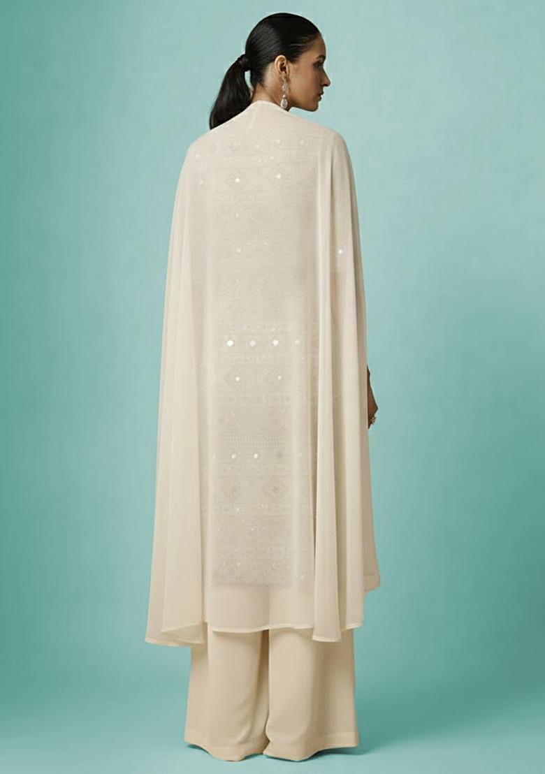 Off White Sequin Net Sharara Set - Indya