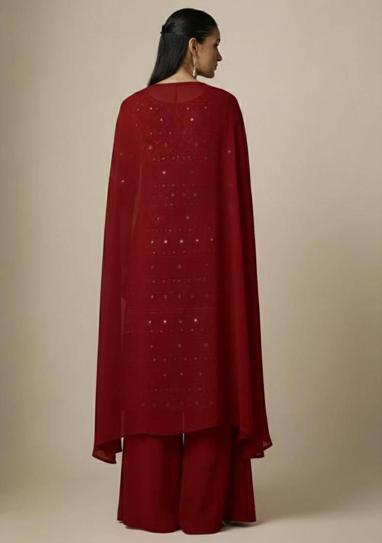 Red Sequin Net Sharara Set - Indya