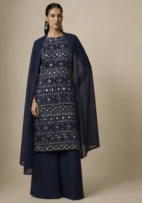 Dark Blue Sequin Net Sharara Set