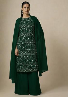 Dark Green Sequin Net Sharara Set