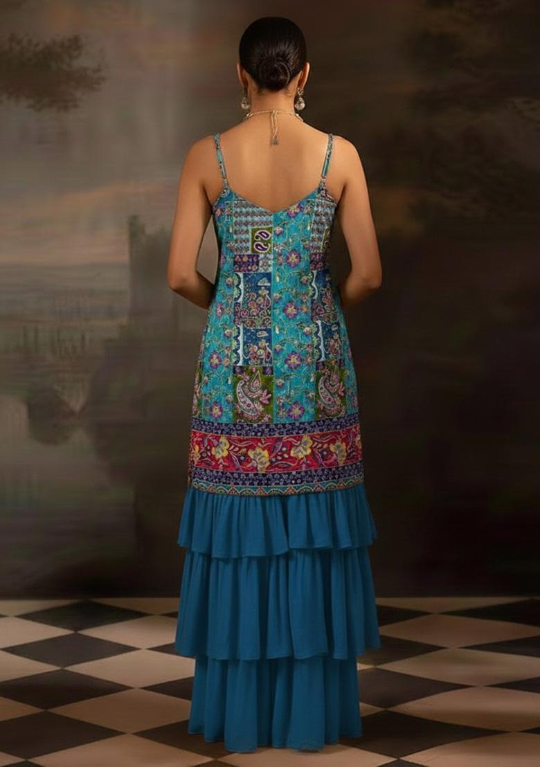 Blue Embroidered Crepe Sharara Set - Indya