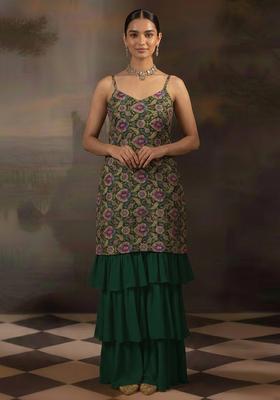Bottle Green Embroidered Crepe Sharara Set