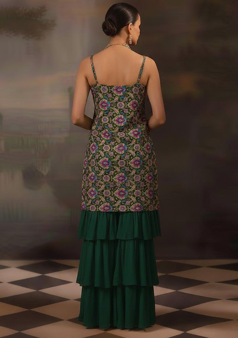 Bottle Green Embroidered Crepe Sharara Set - Indya