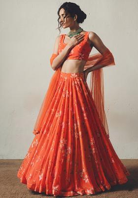 Coral Orange Floral Print Georgette Lehenga Set