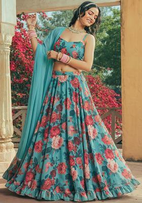Aqua Green Floral Print Georgette Lehenga Set
