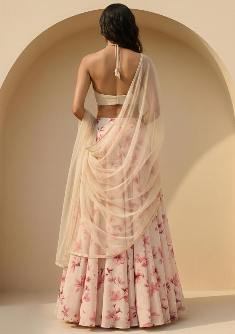 Cream Floral Print Georgette Lehenga Set - Indya