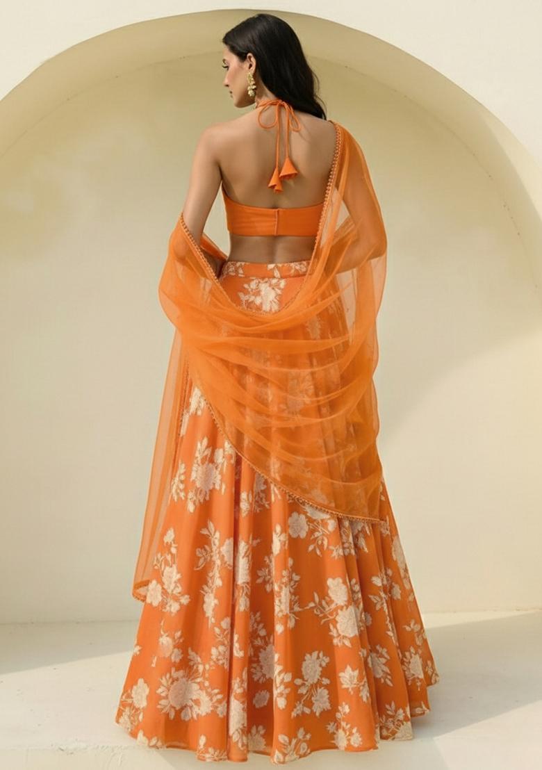 Orange Floral Print Georgette Lehenga Set - Indya