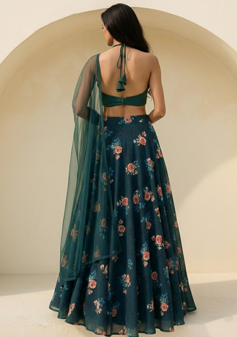 Emerald Green Floral Print Georgette Lehenga Set - Indya