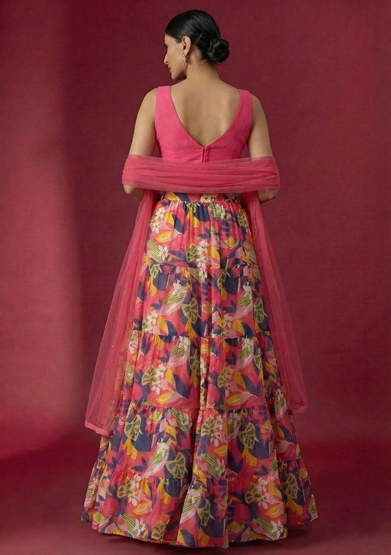 Pink Floral Print Georgette Lehenga Set - Indya