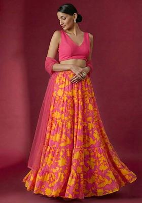 Pink Floral Print Georgette Lehenga Set