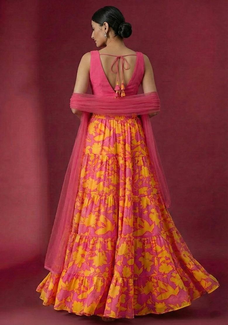 Pink Floral Print Georgette Lehenga Set - Indya