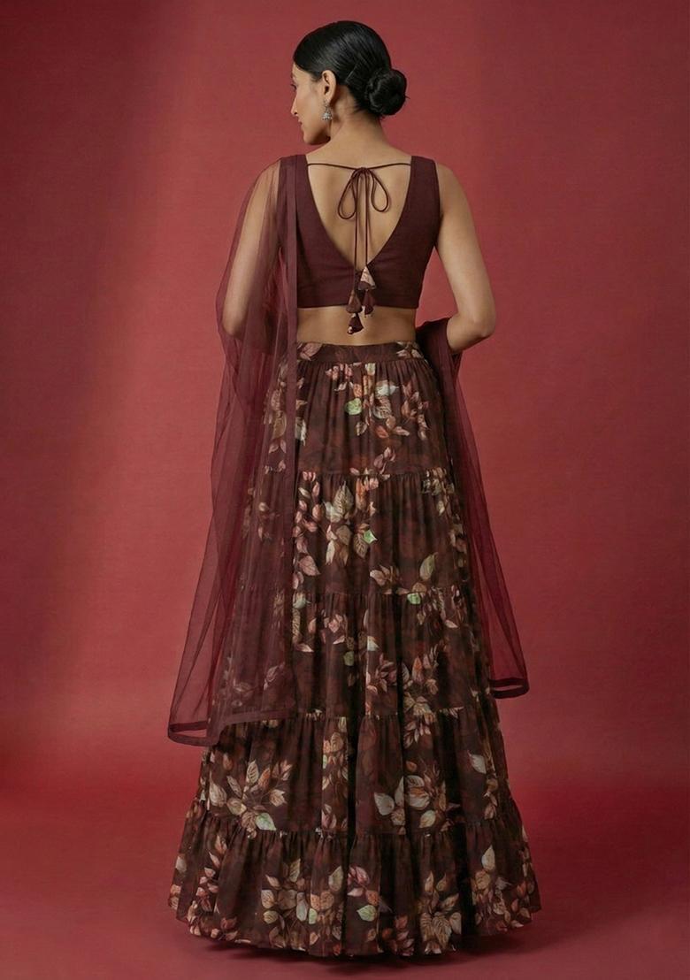Dark Brown Floral Print Georgette Lehenga Set - Indya