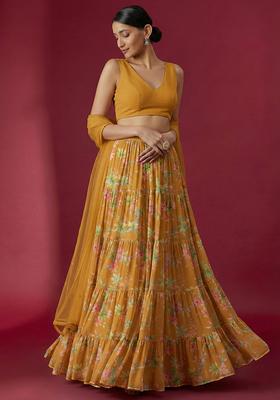 Mustard Floral Print Georgette Lehenga Set