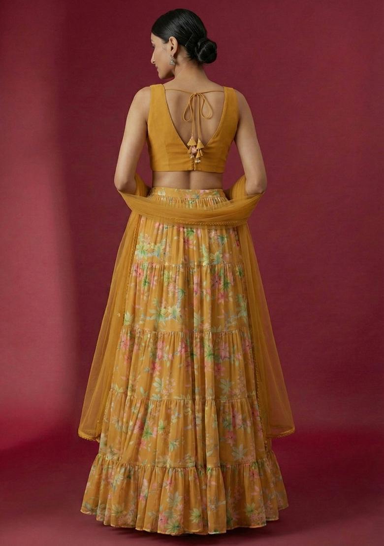 Mustard Floral Print Georgette Lehenga Set - Indya