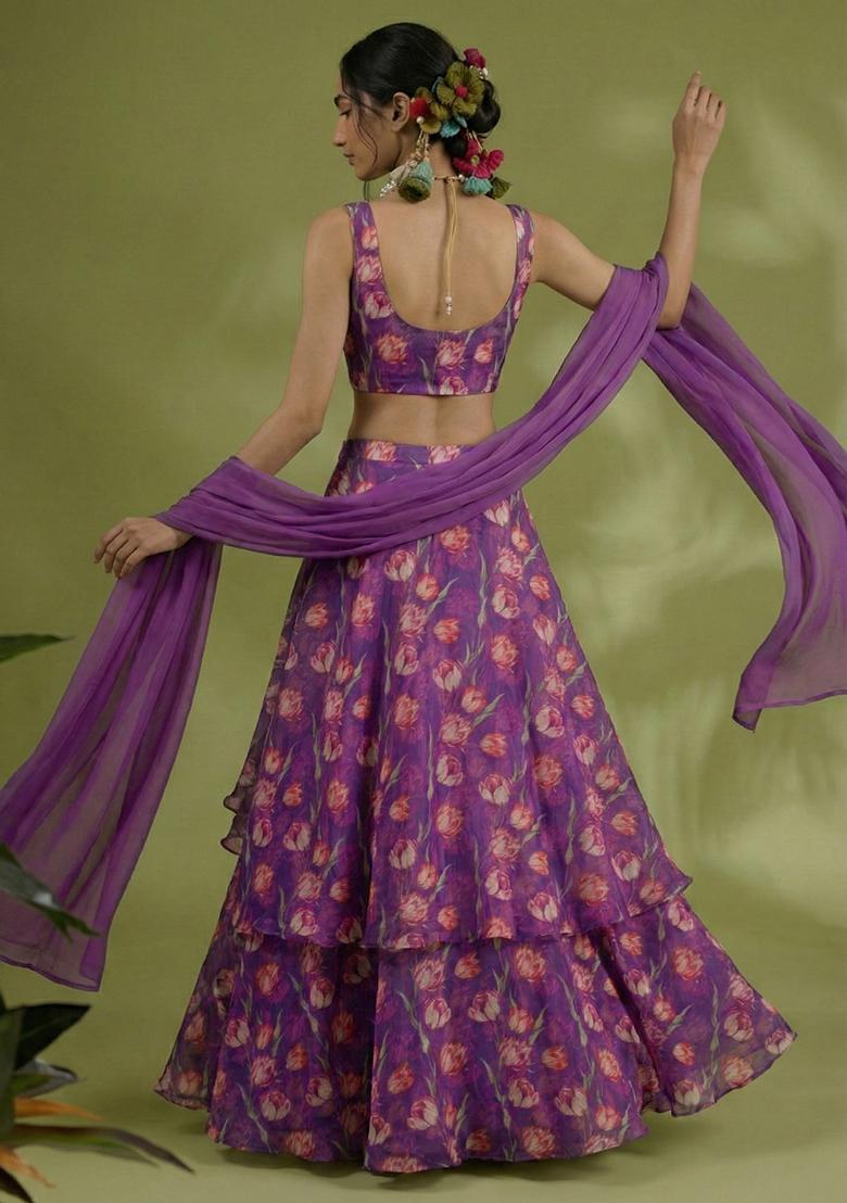 Purple Floral Print Chinon Lehenga Set - Indya
