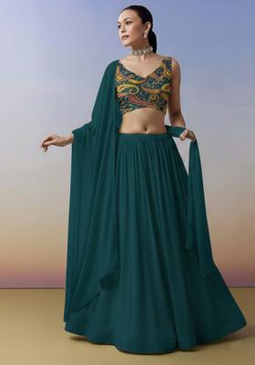 Teal Blue Embroidered Crepe Lehenga Set