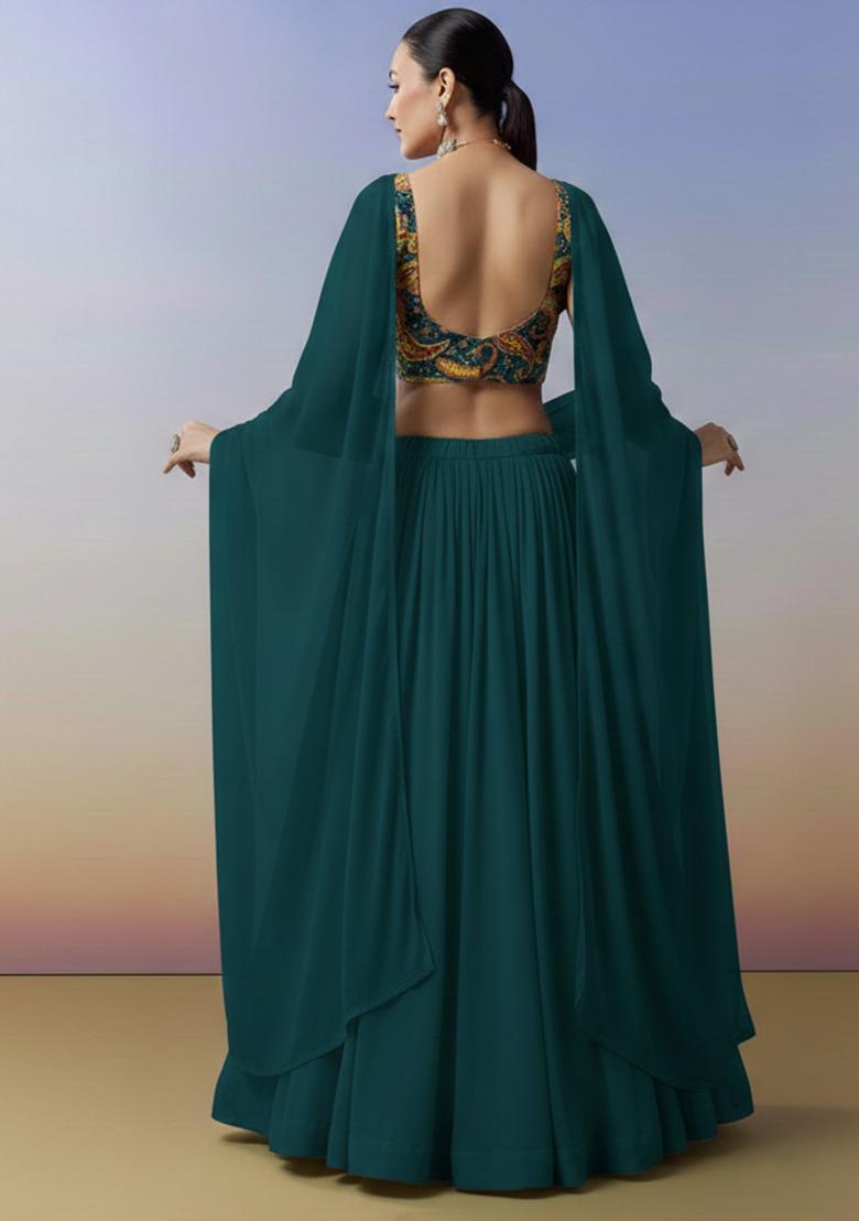 Teal Blue Embroidered Crepe Lehenga Set - Indya