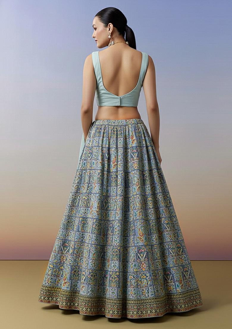 Powder Blue Embroidered Crepe Lehenga Set - Indya