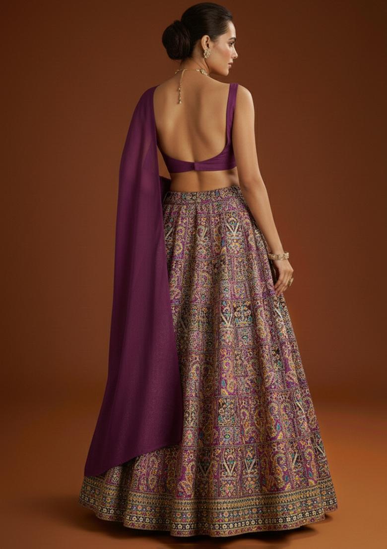 Plum Embroidered Crepe Lehenga Set - Indya
